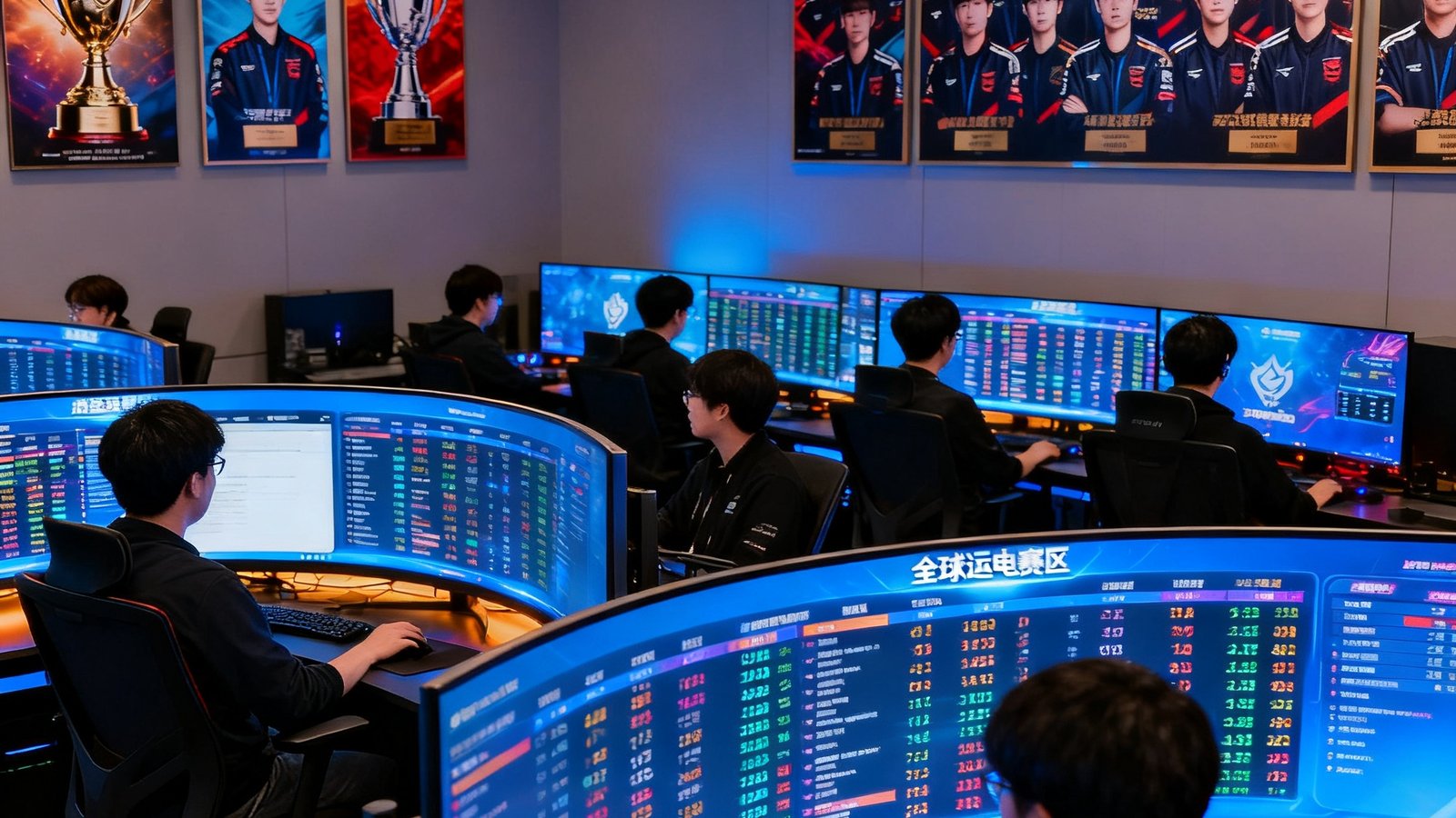 开运电竞首尔总部办公室内，十几位编辑和分析师坐在多块曲面显示屏前，屏幕上实时滚动着全球各赛区的比赛数据与选手统计信息，墙上挂着历届世界冠军战队的纪念海报