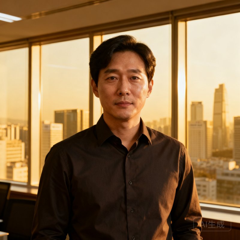开运电竞创始人兼CEO肖像照，一位约35岁的亚洲男性，穿着深色衬衫，眼神专注，背景是首尔办公室的落地窗俯瞰城市天际线