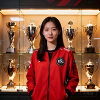 EDG电子竞技俱乐部战队经理肖像，一位干练的中国女性，身穿EDG红色队服外套，身后是奖杯陈列柜